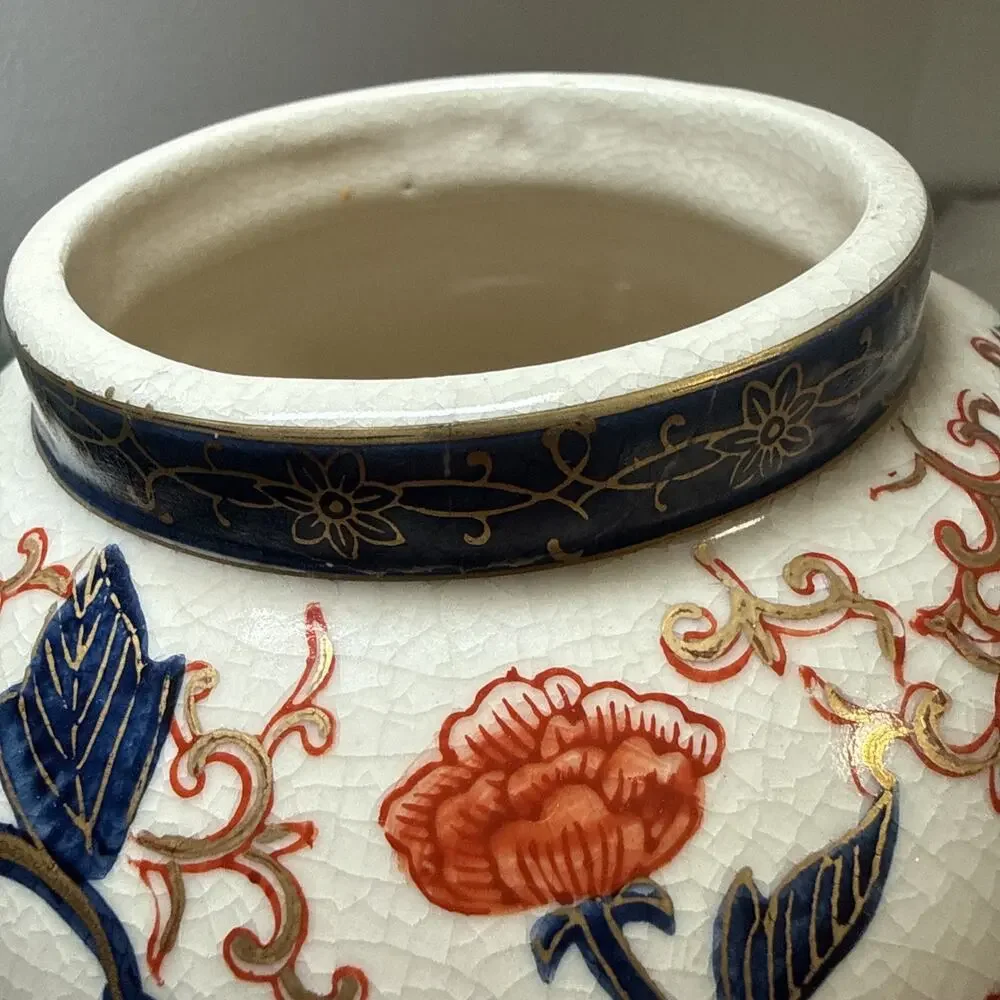Vintage LJ Japan Imari Style Ginger Jar Lidded Vase Crackle Glaze Chinoiseri 11”